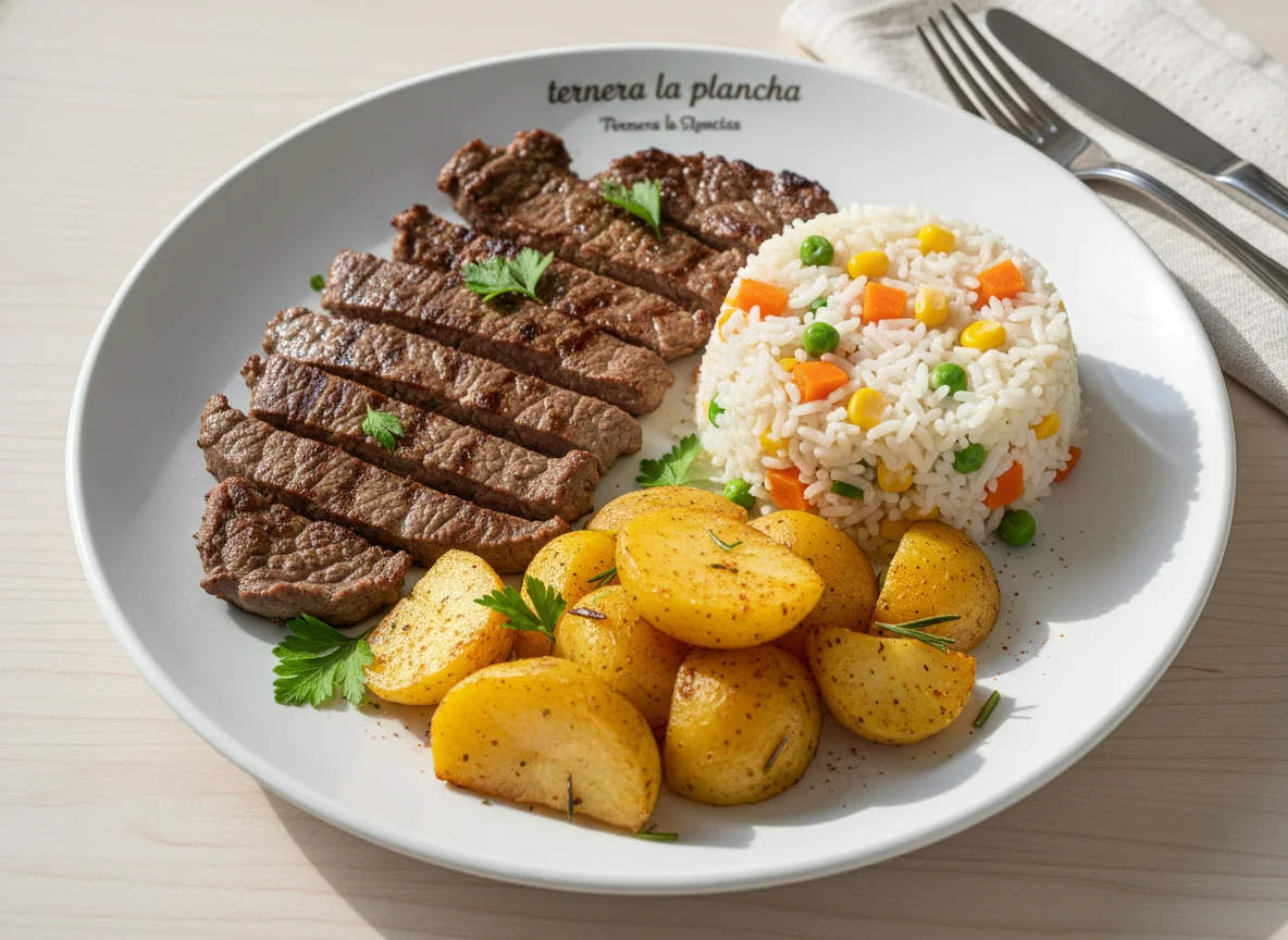 Plato combinado de carne, arroz con verduras y patatas asadas photo