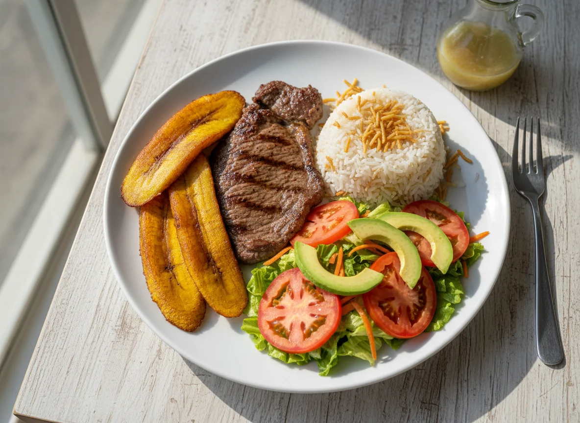 Plato combinado de carne, arroz, ensalada y plátano frito photo