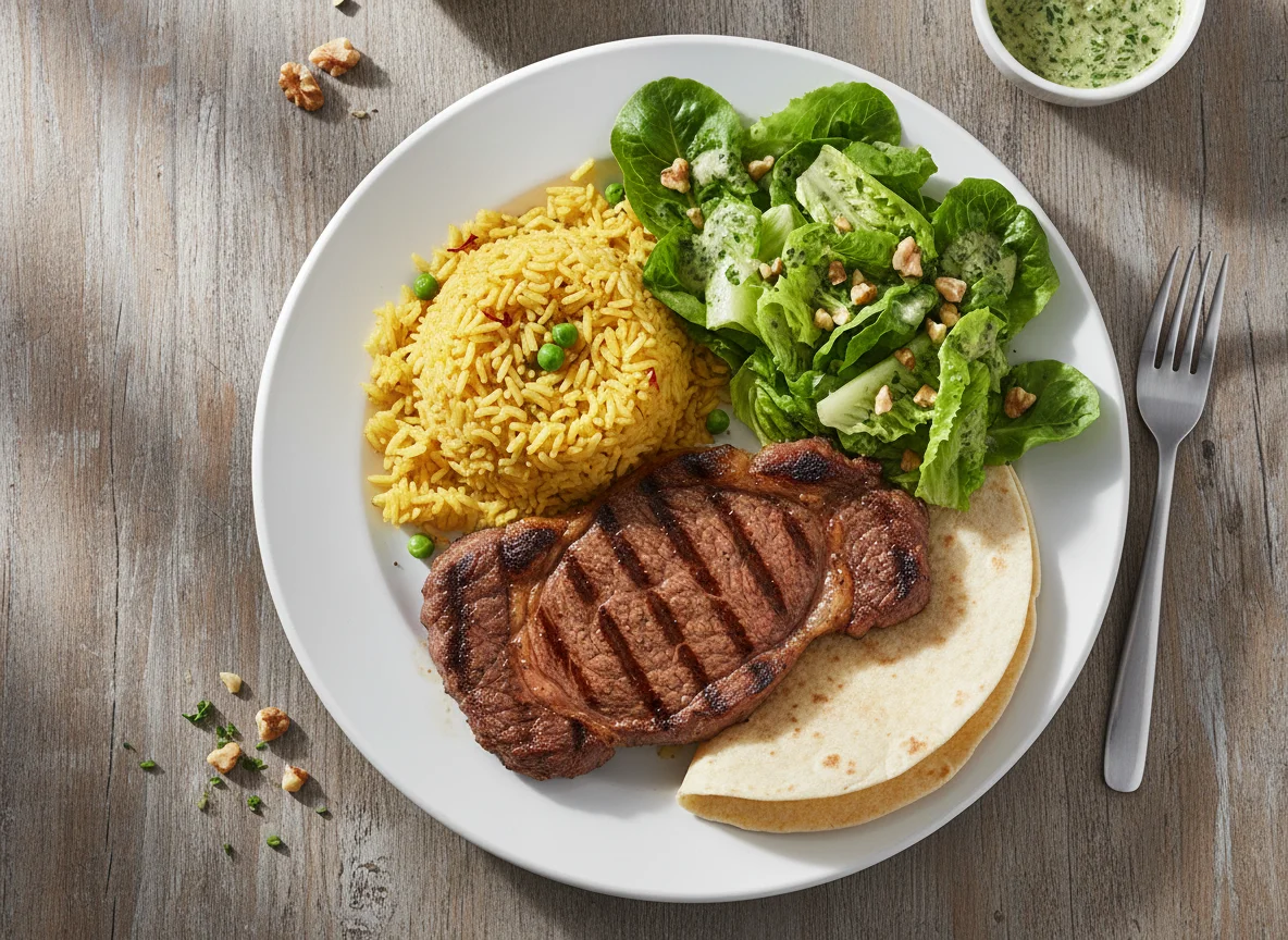 Plato combinado de carne, arroz y ensalada photo