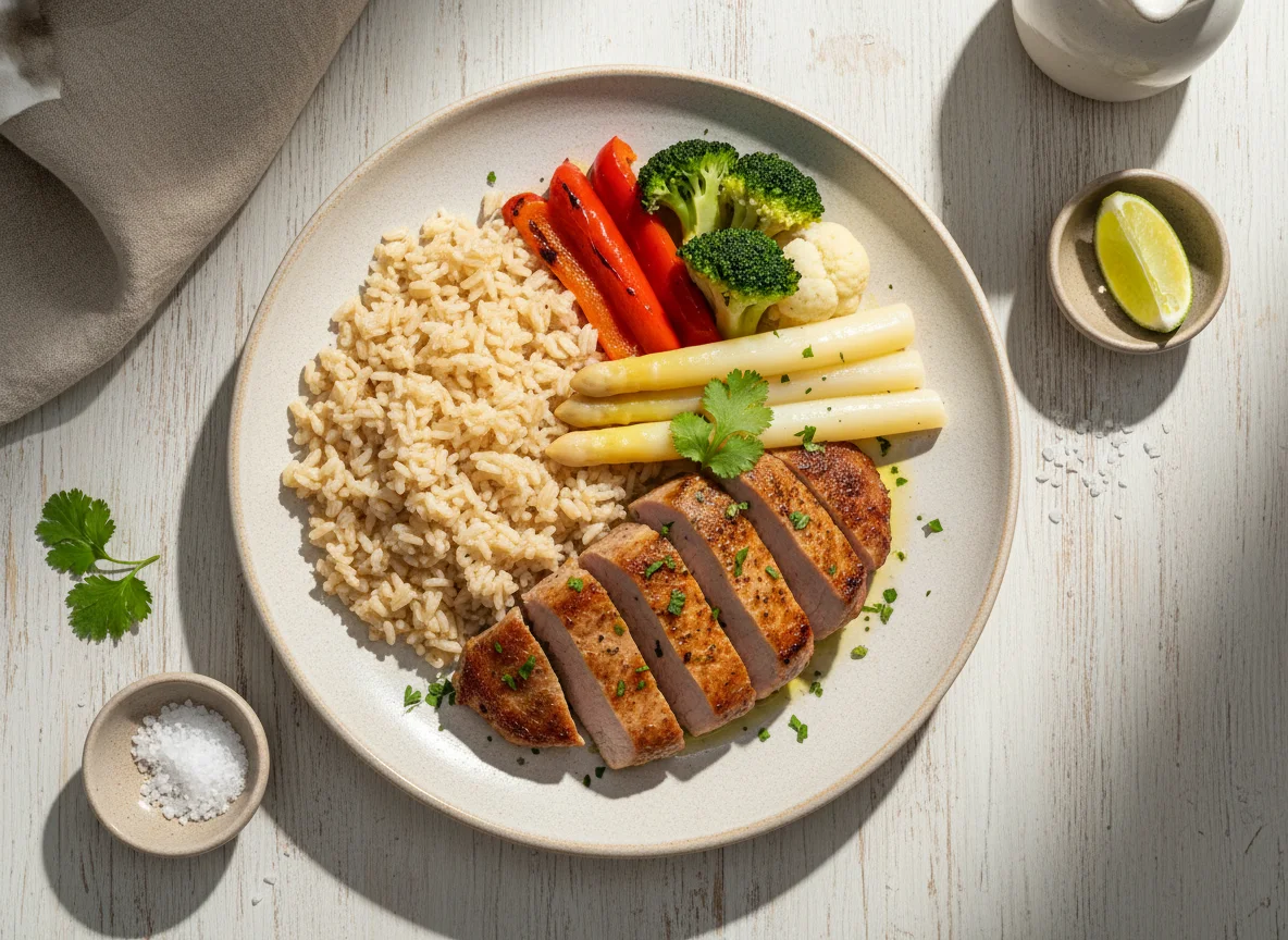 Plato combinado de carne, arroz y verduras photo