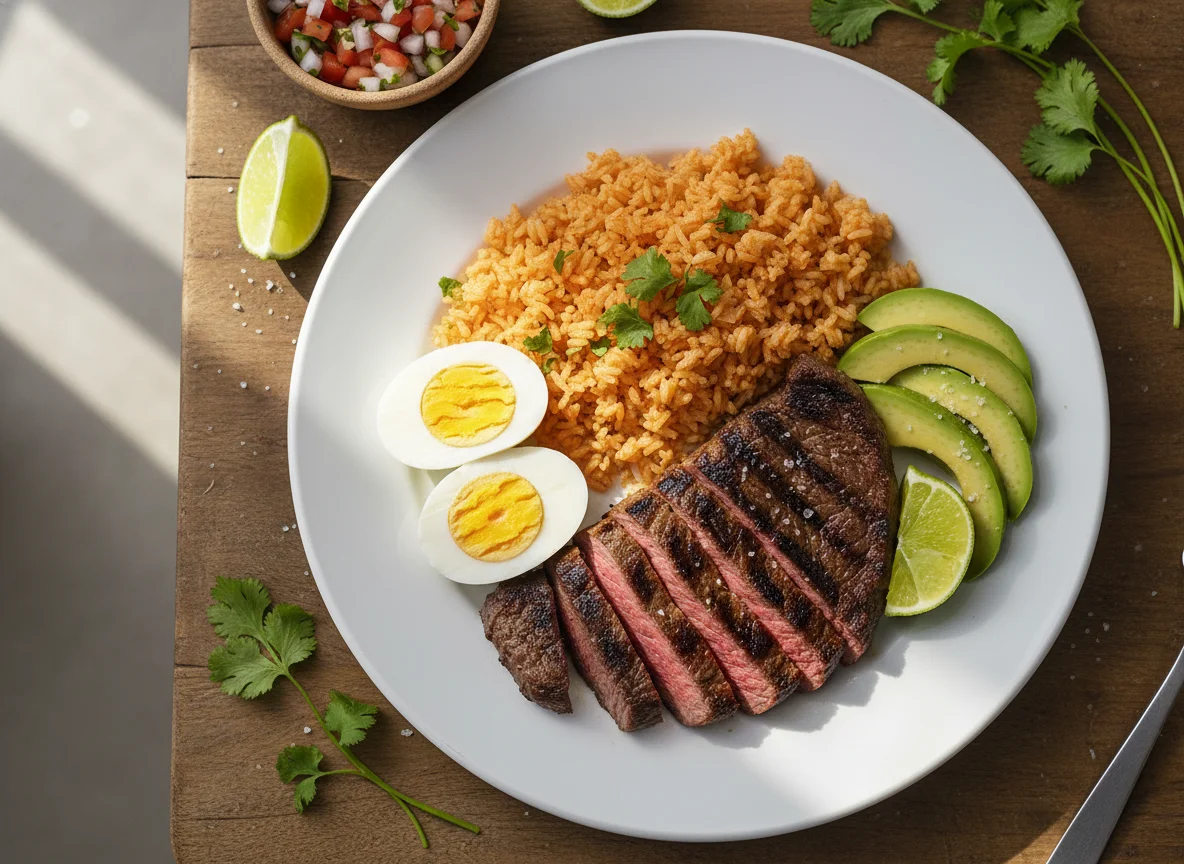 Plato combinado de carne asada, arroz, aguacate y huevos cocidos photo
