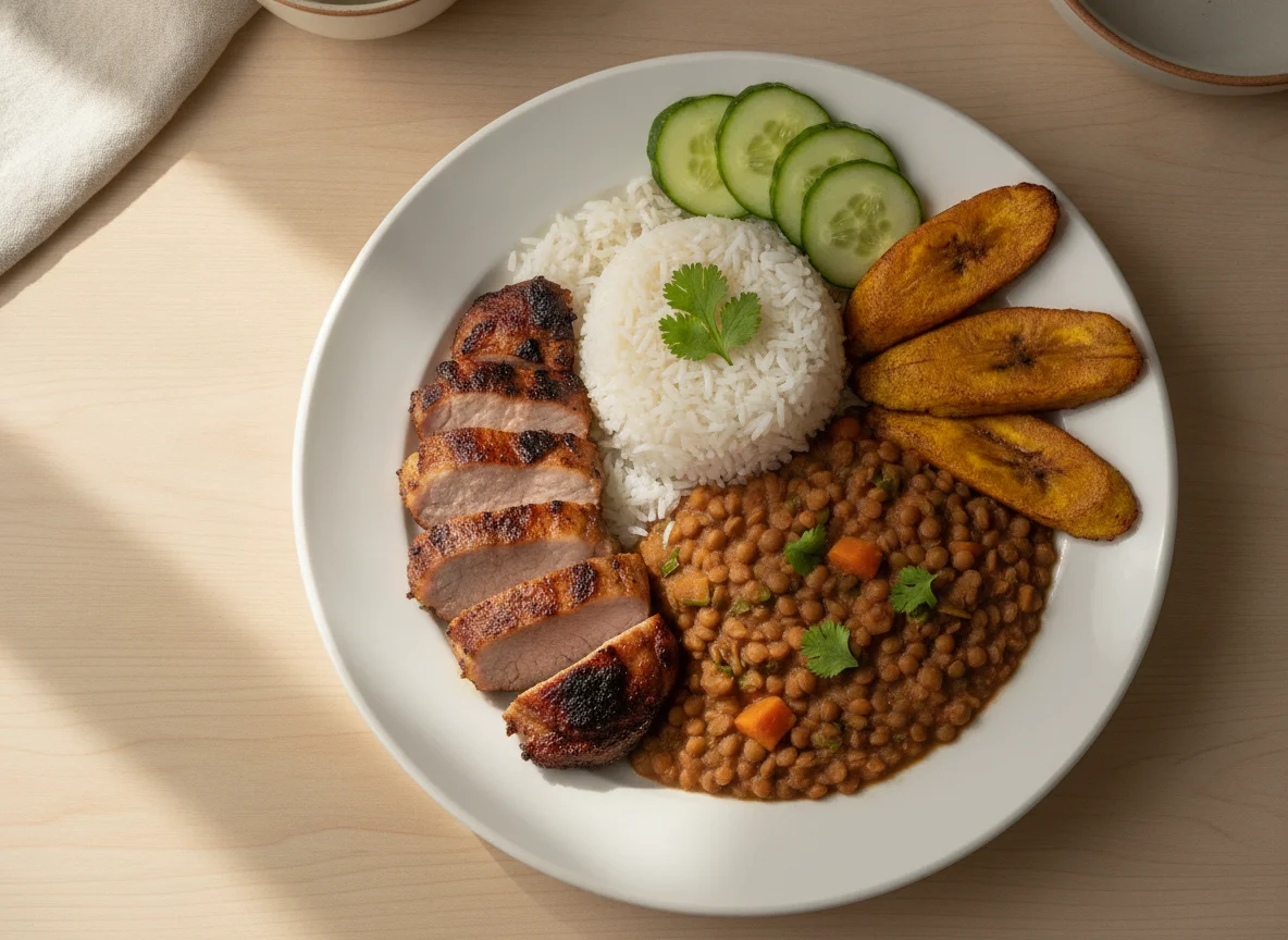 Plato combinado de carne asada, arroz, lentejas y plátano frito photo