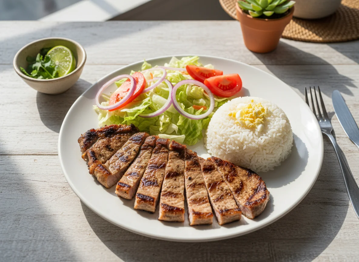 Plato combinado de carne asada con arroz y ensalada photo