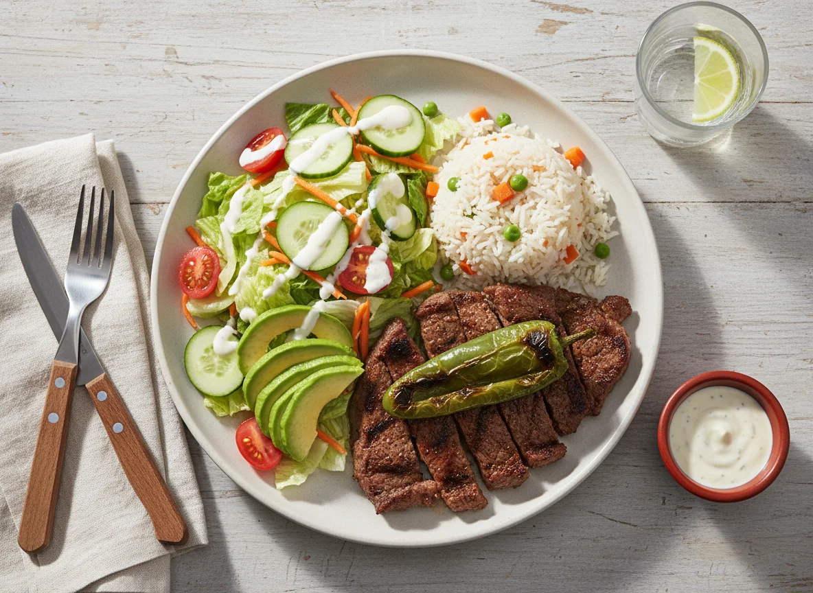 Plato combinado de carne con arroz y ensalada photo