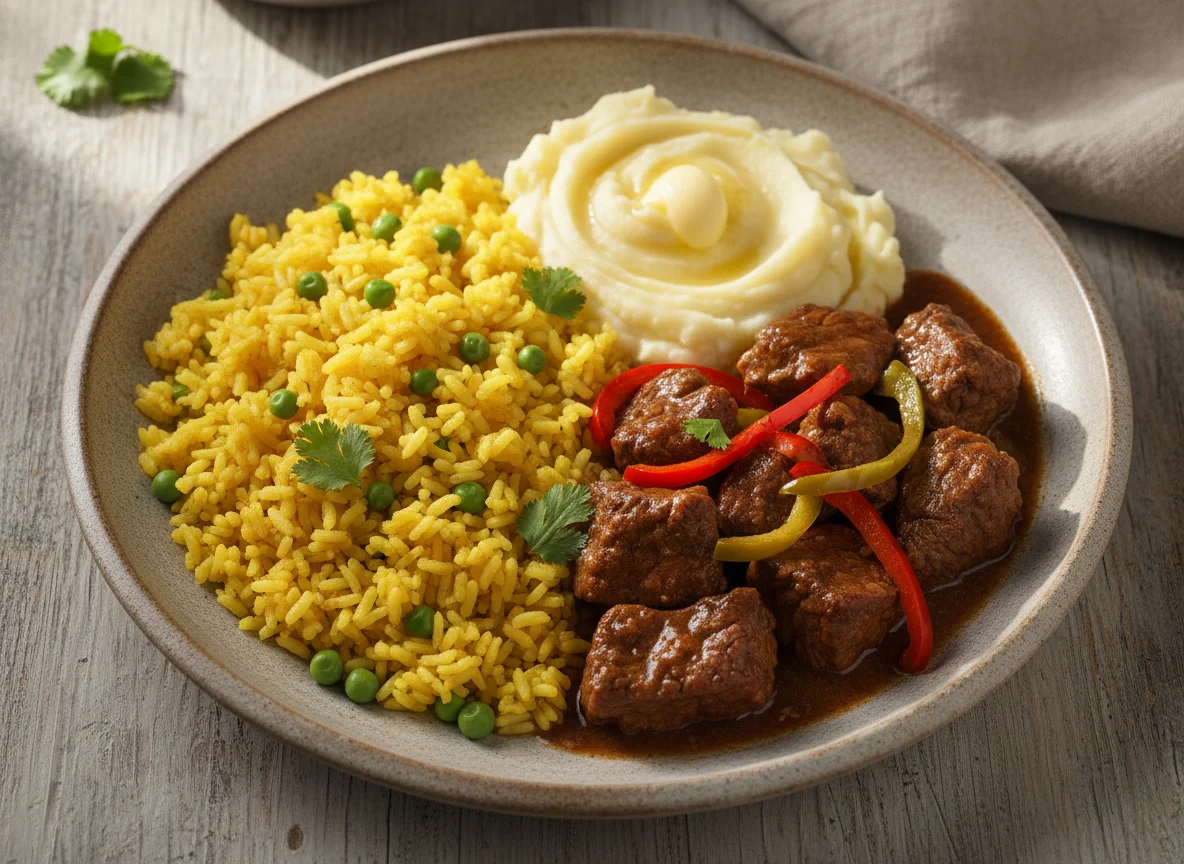Plato combinado de carne con arroz y puré photo