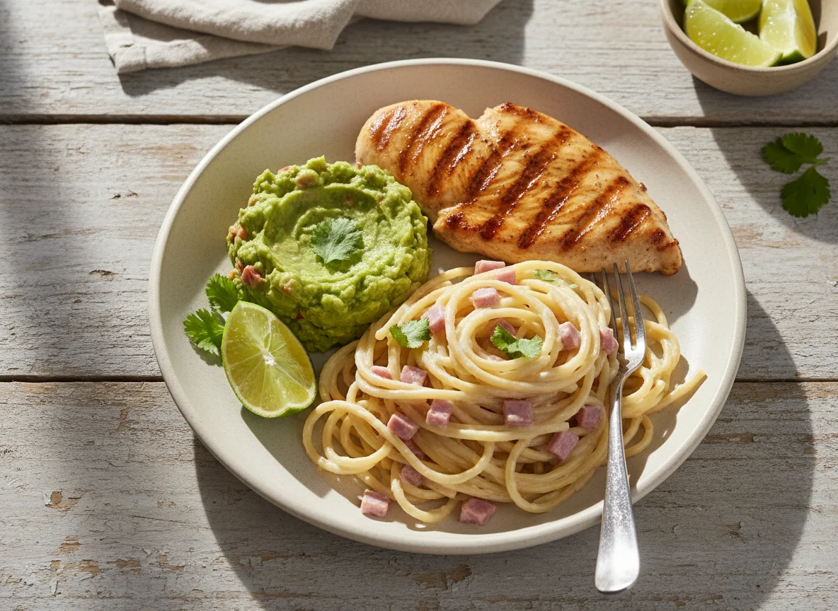 Plato combinado de carne con guacamole y espagueti a la crema photo