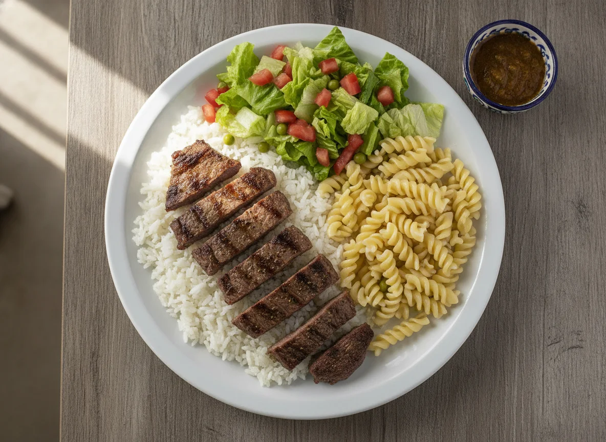 Plato combinado de carne con pasta, arroz y ensalada photo