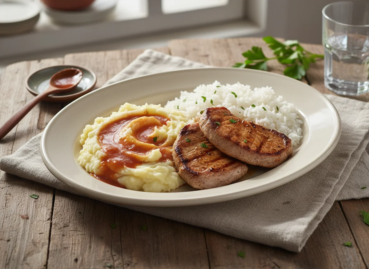 Plato combinado de carne con puré y arroz photo