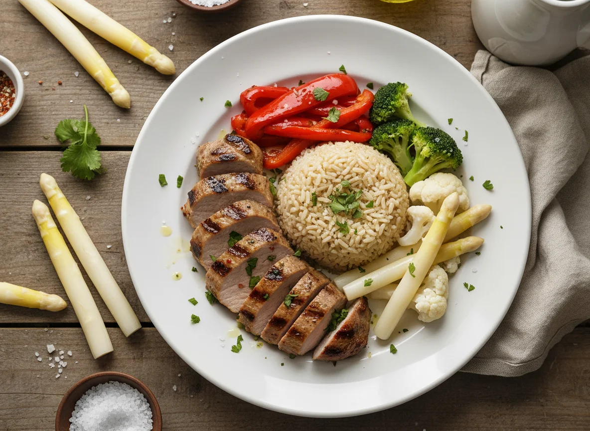 Plato combinado de carne de cerdo, arroz integral y verduras photo