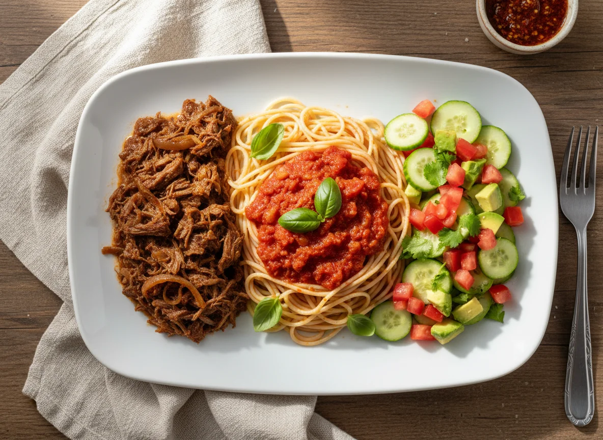 Plato combinado de carne, espagueti y ensalada photo