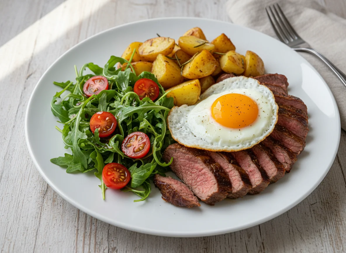 Plato combinado de carne, huevo, papas y ensalada photo