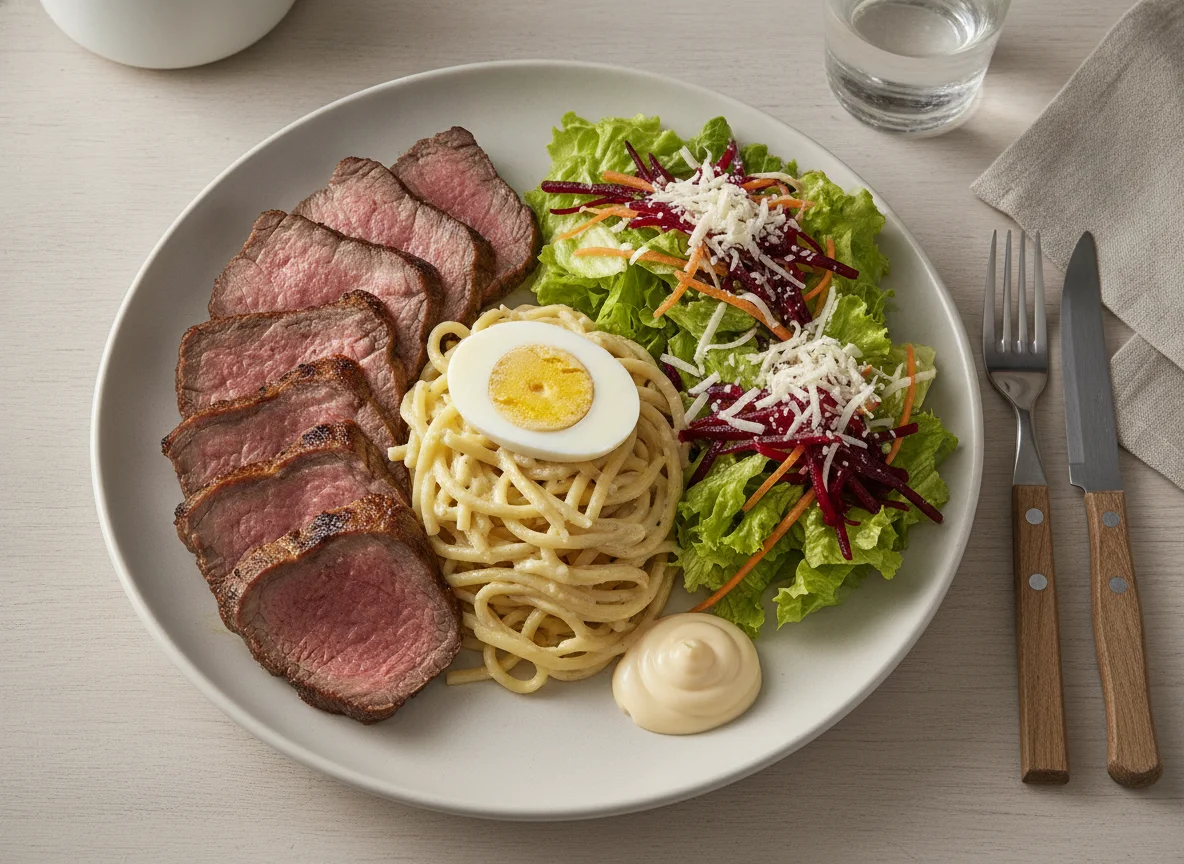 Plato combinado de carne, pasta y ensalada photo