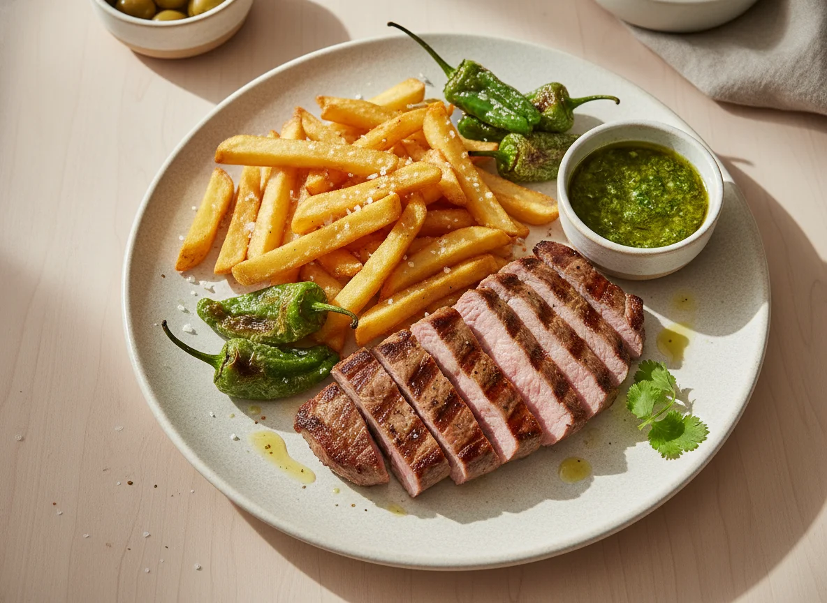 Plato combinado de carne, patatas fritas y pimientos de Padrón photo