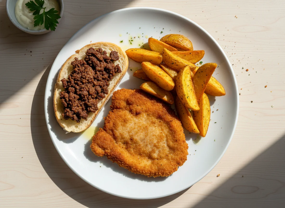 Plato combinado de carne, patatas y pan photo