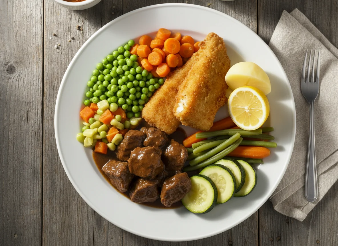Plato combinado de carne, pescado y verduras photo