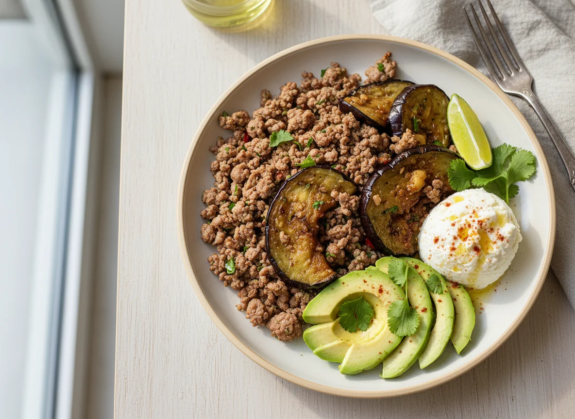 Plato combinado de carne picada, aguacate, berenjena y requesón photo