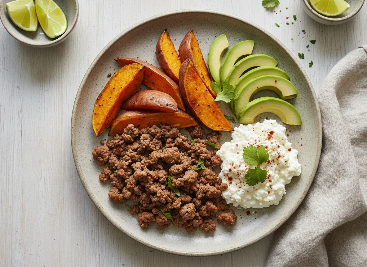 Plato combinado de carne picada, boniato, aguacate y queso cottage photo