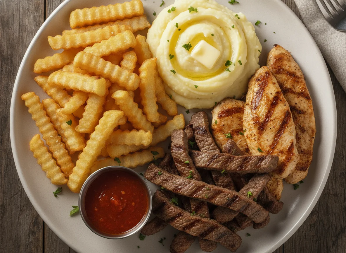 Plato combinado de carne, pollo, papas fritas y puré photo