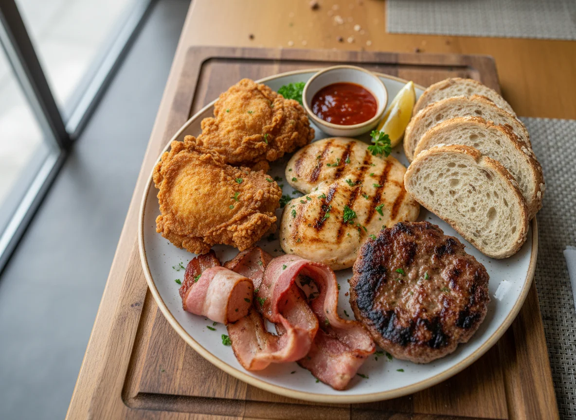 Plato combinado de carnes y pan photo