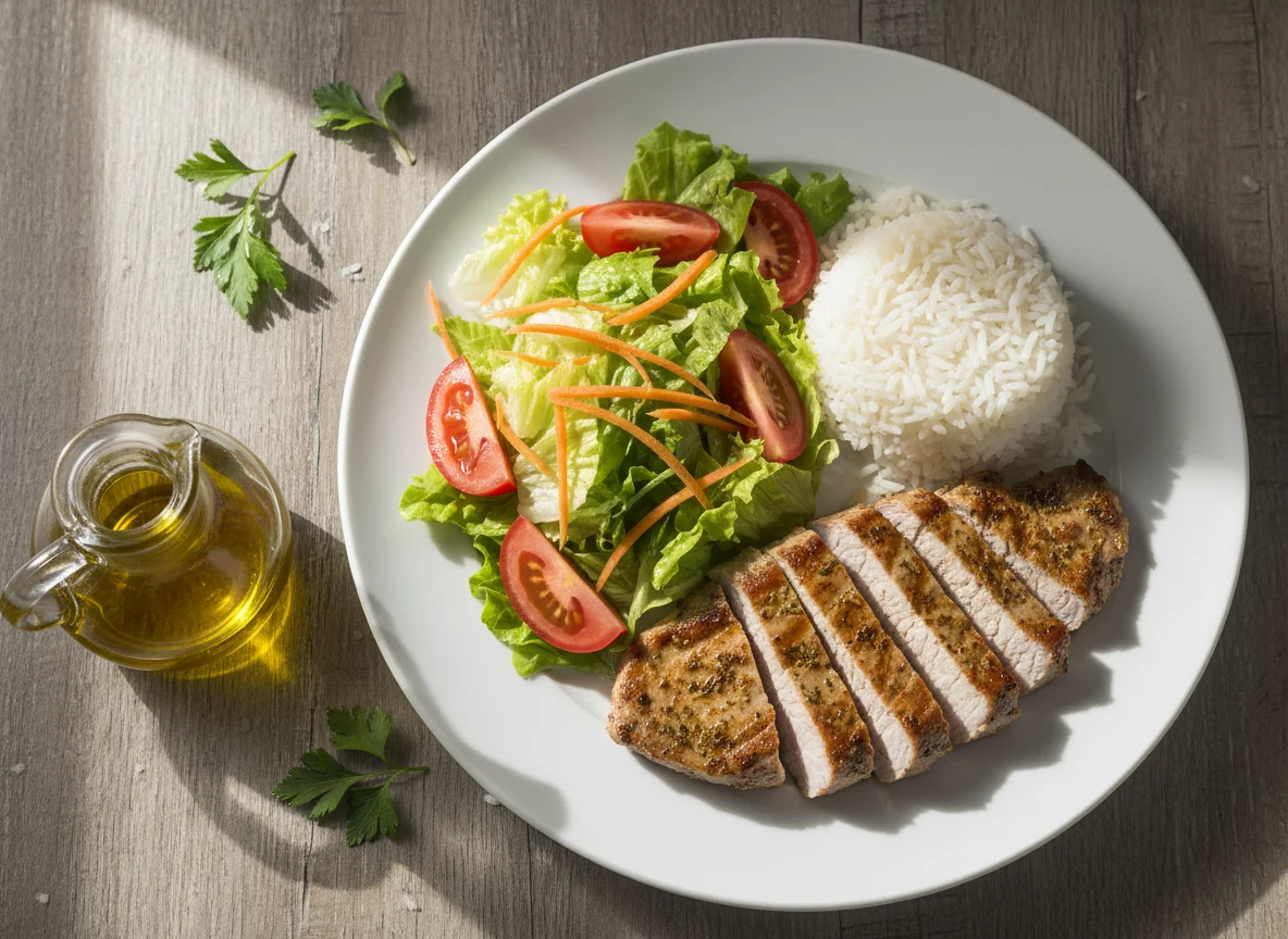 Plato combinado de cerdo, arroz y ensalada photo