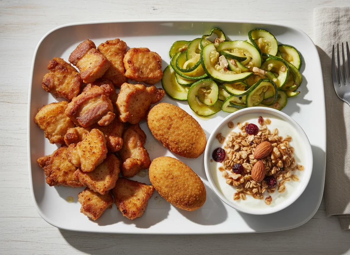 Plato combinado de cerdo frito, croquetas y calabacín photo