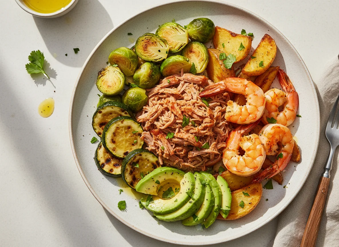 Plato combinado de cerdo, gambas y verduras photo
