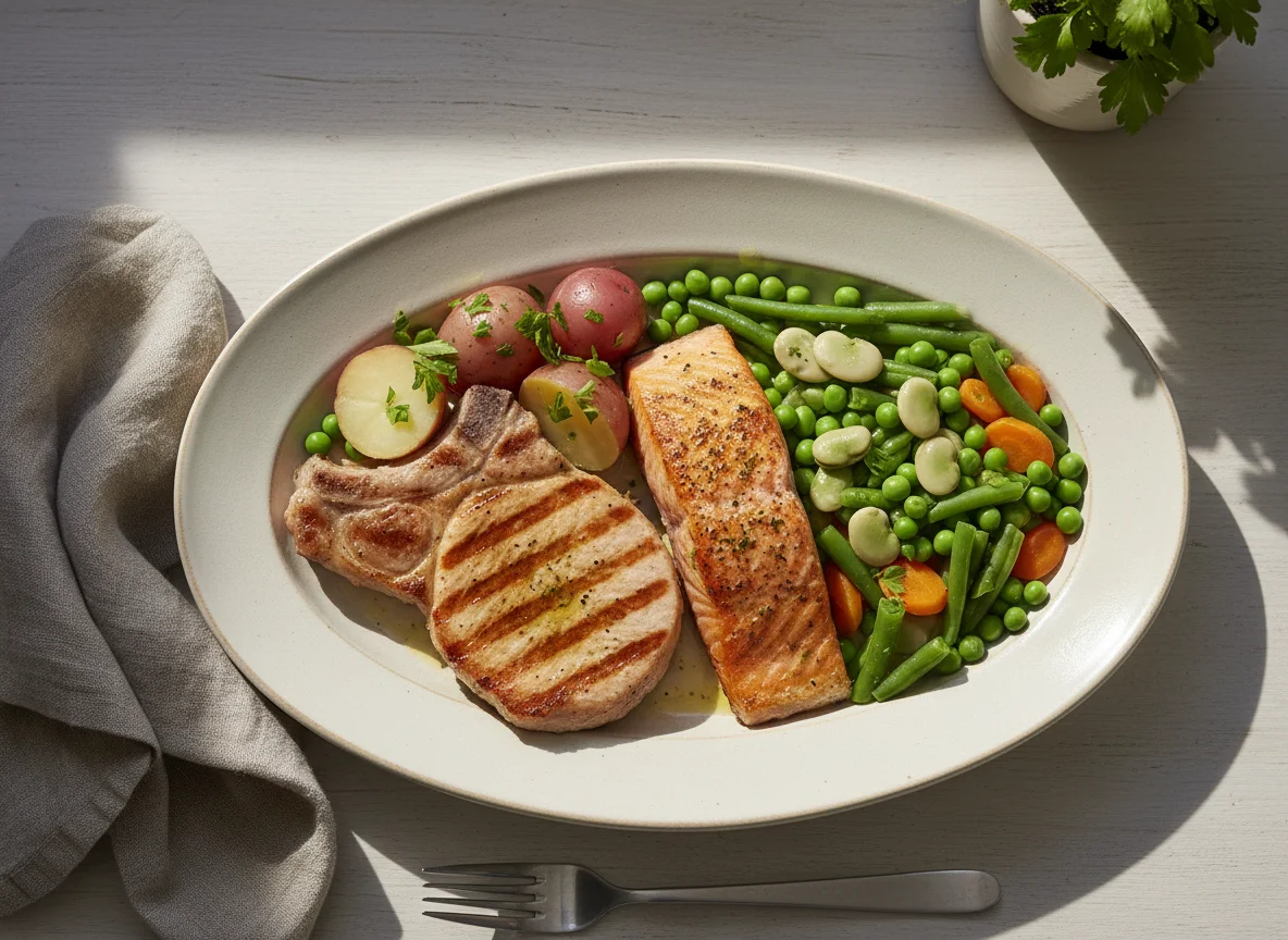 Plato combinado de cerdo, salmón y verduras photo