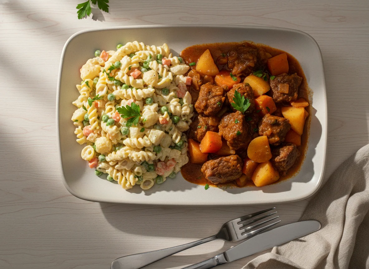 Plato combinado de ensalada de pasta y carne guisada photo