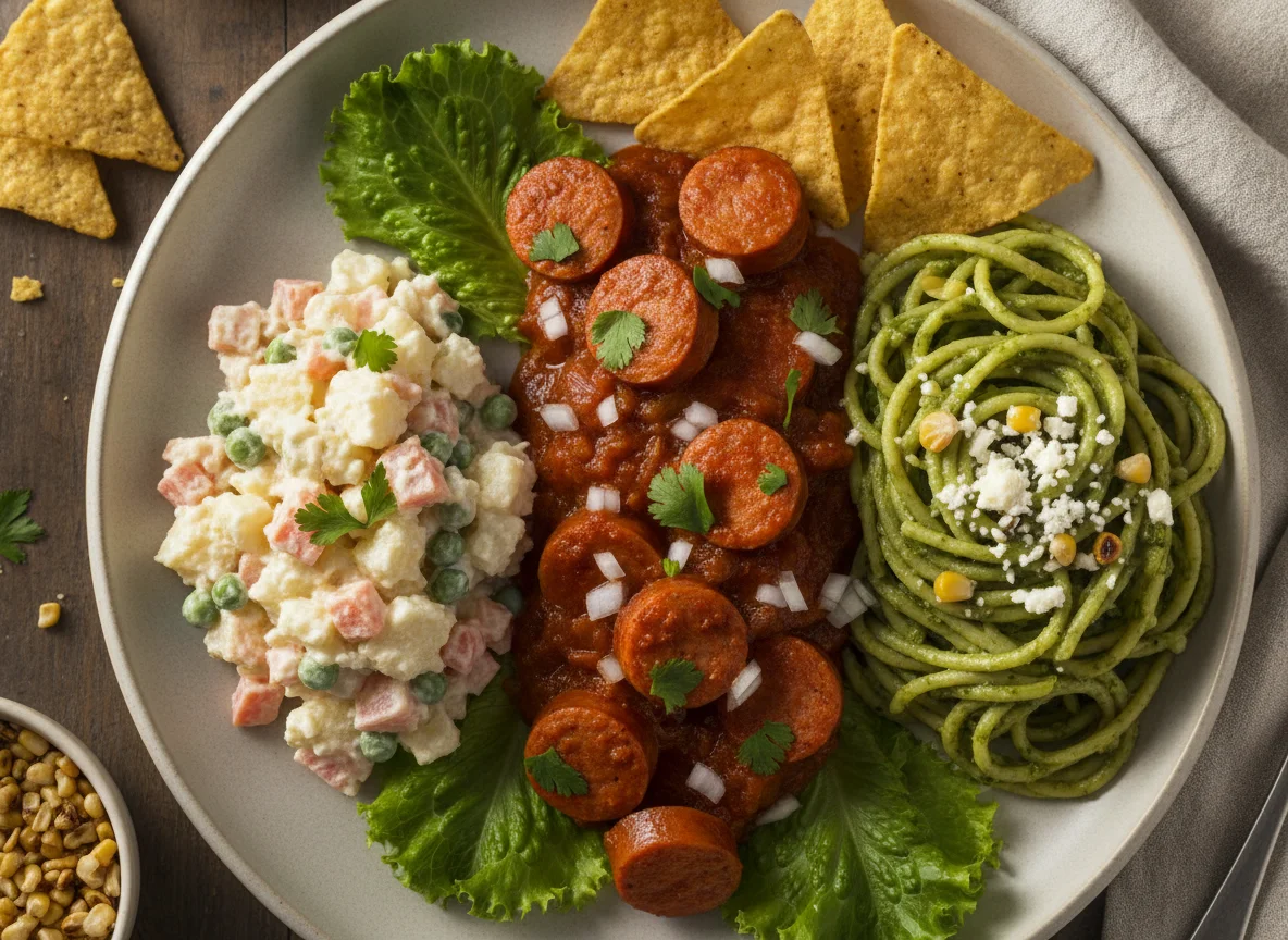 Plato combinado de ensalada rusa, salchichas al albañil y espagueti verde photo