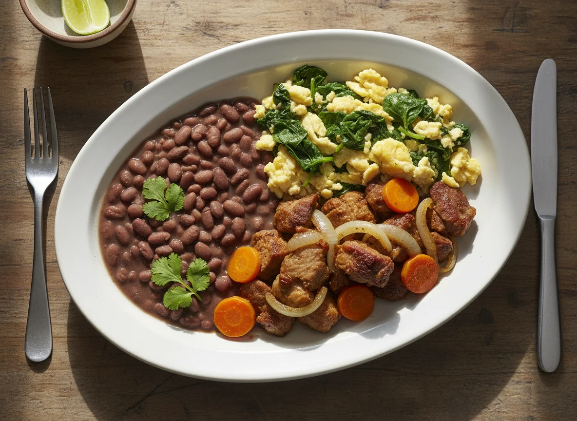 Plato combinado de frijoles, huevos con espinacas y carne con verduras photo