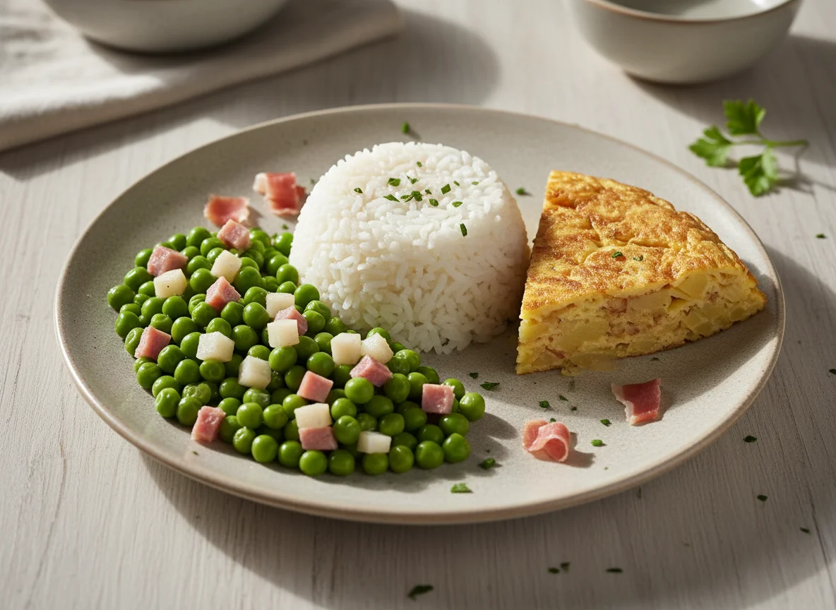 Plato combinado de guisantes con jamón, arroz y tortilla photo