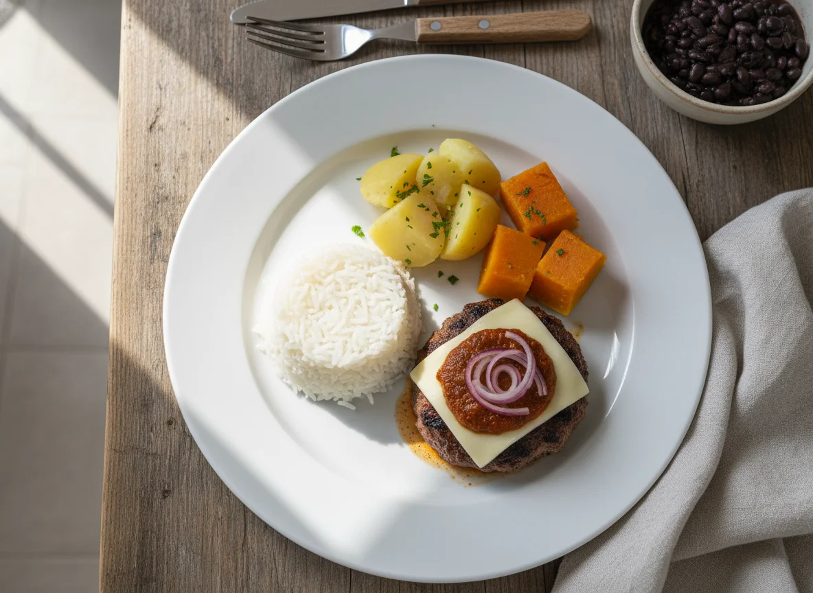 Plato combinado de hamburguesas, arroz y vegetales photo