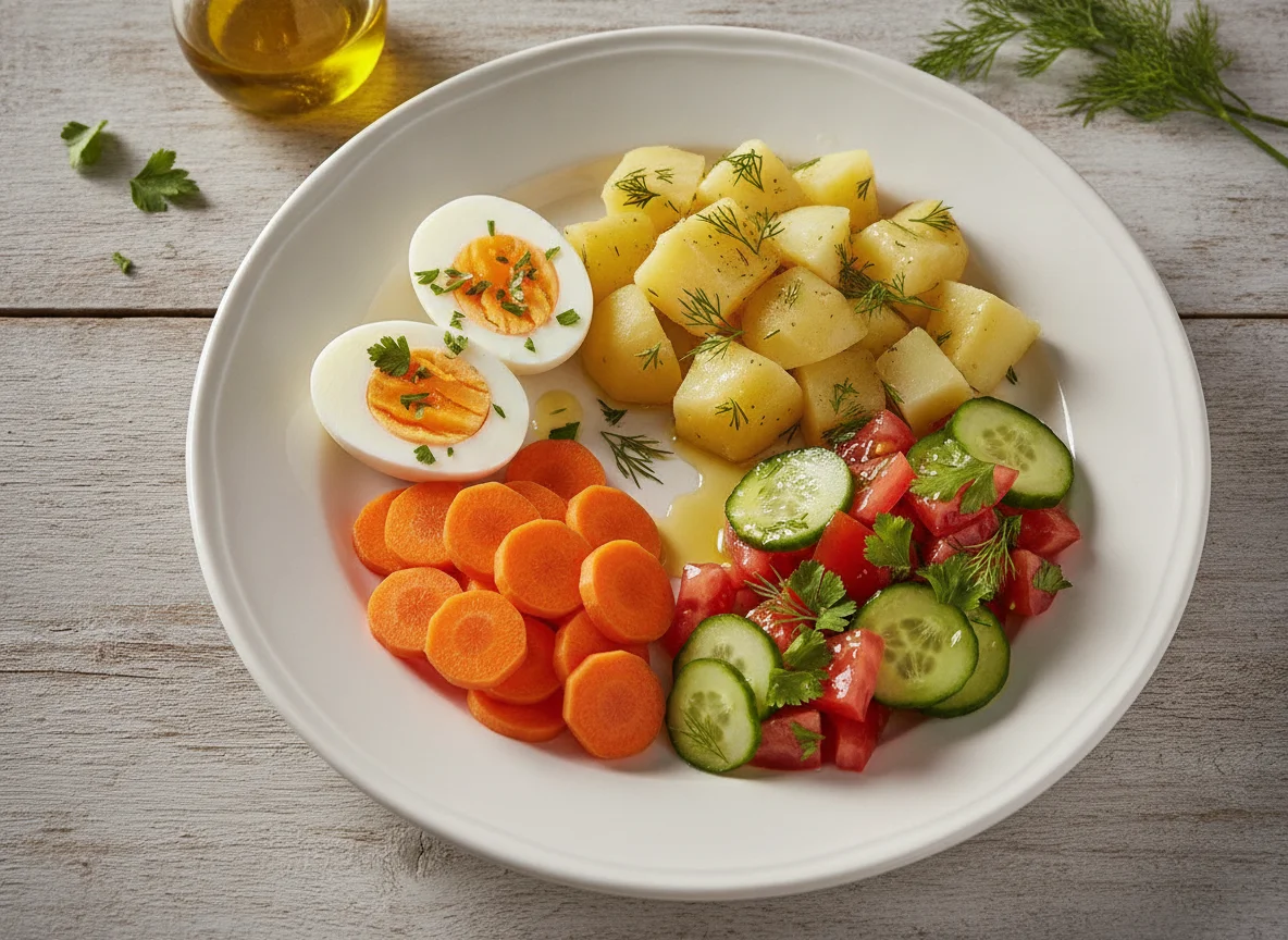 Plato combinado de huevos cocidos, patata y ensalada de hortalizas photo