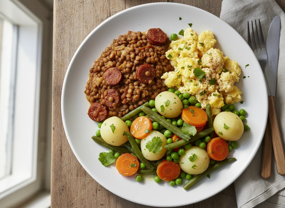 Plato combinado de lentejas, verduras y huevos revueltos photo