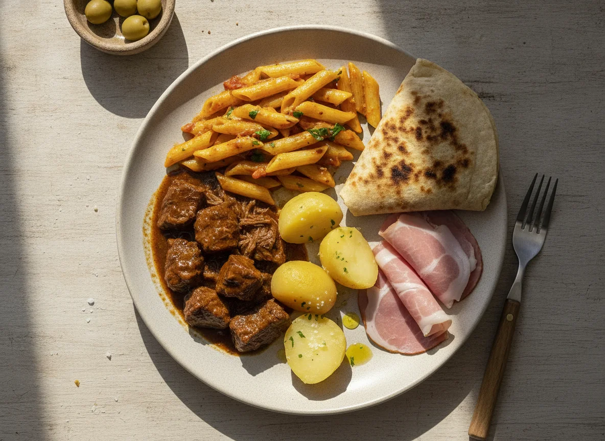 Plato combinado de pasta, carne guisada y pan photo