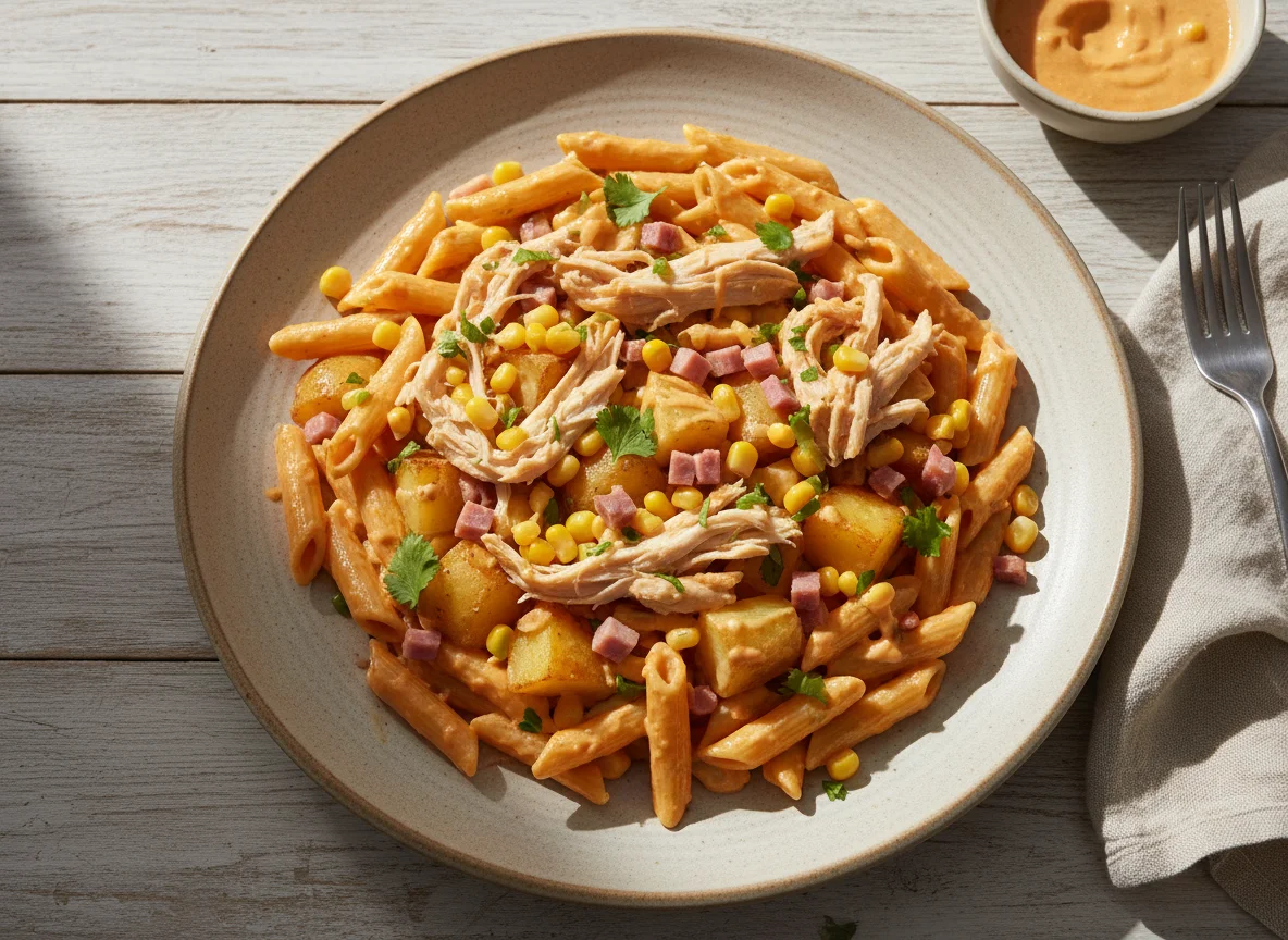 Plato combinado de pasta con pollo y papa photo