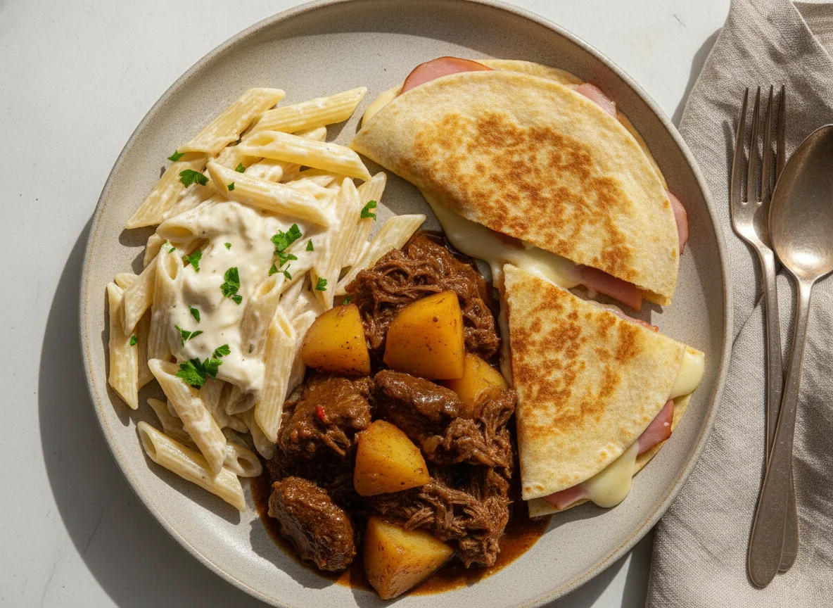 Plato combinado de pasta, estofado y quesadilla photo