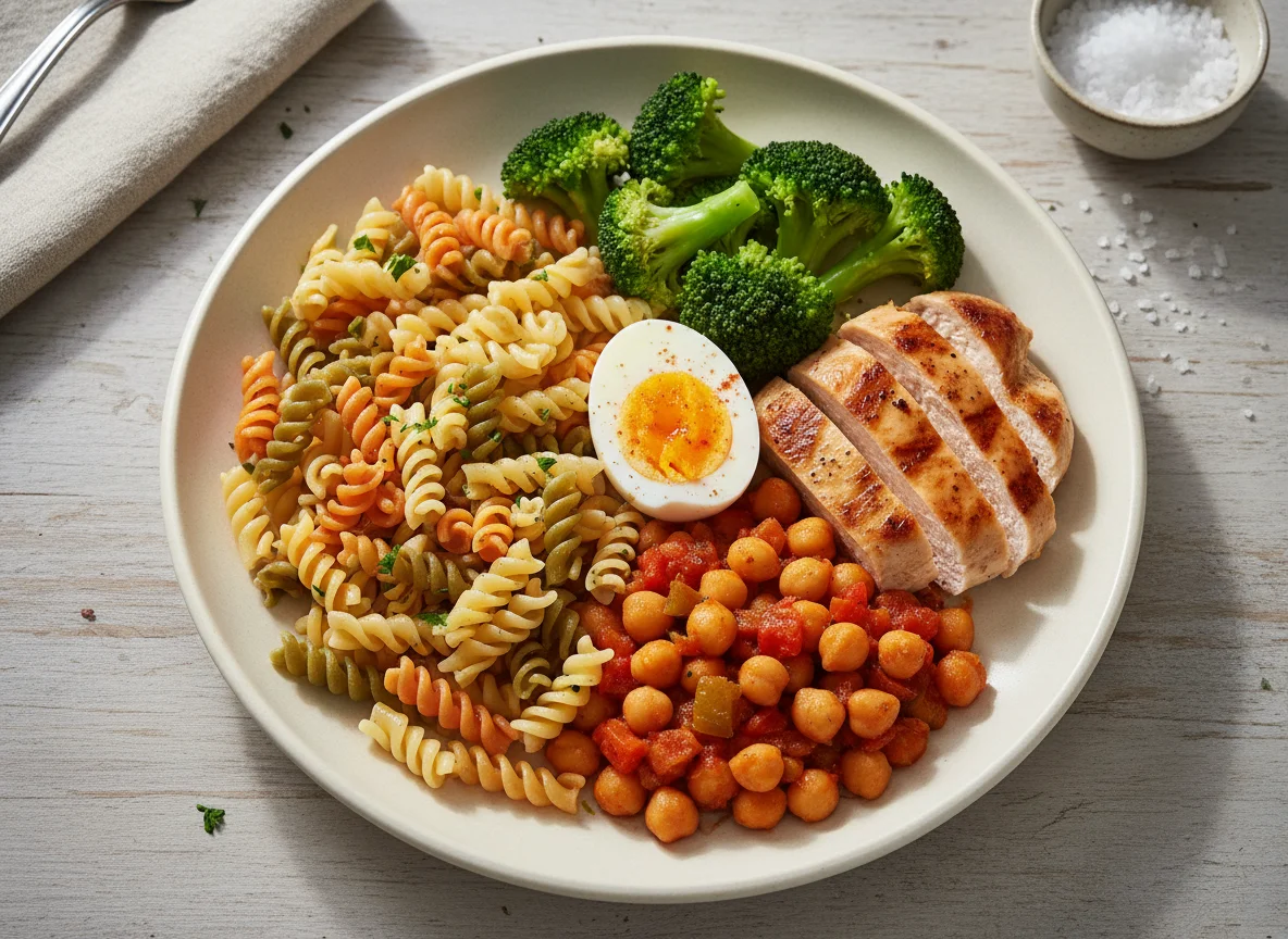 Plato combinado de pasta, pollo, garbanzos, brócoli y huevo photo