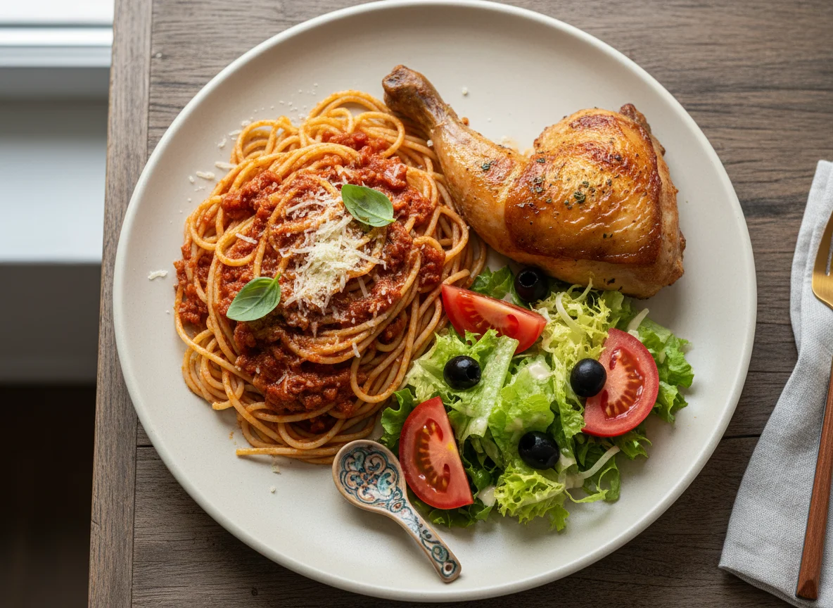 Plato combinado de pasta, pollo y ensalada photo