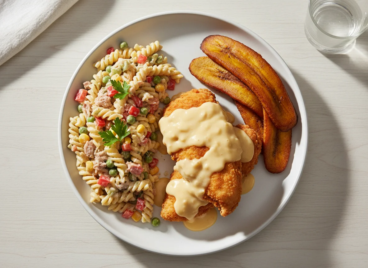 Plato combinado de pasta, pollo y plátano frito photo
