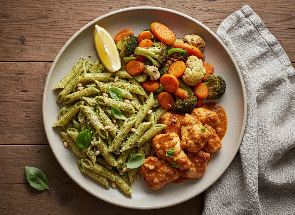 Plato combinado de pasta, pollo y vegetales photo