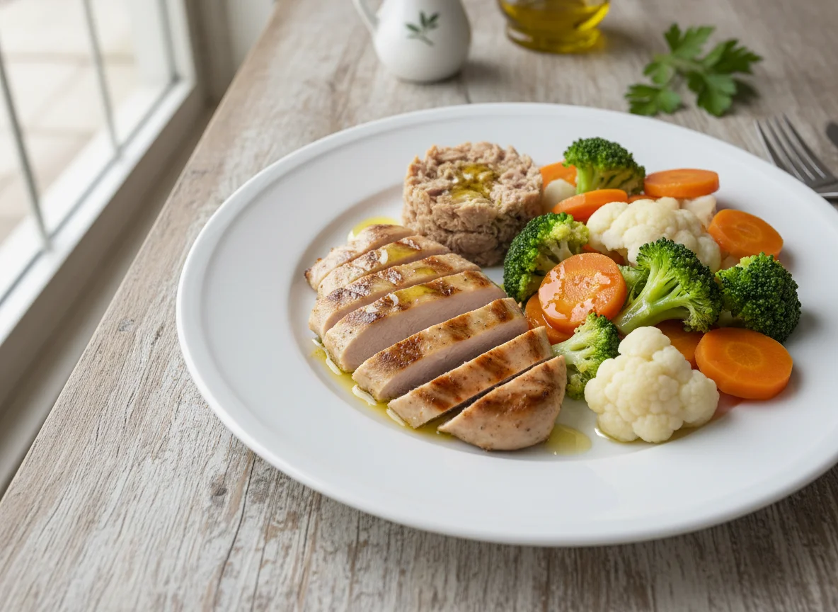 Plato combinado de pavo, atún y verduras photo