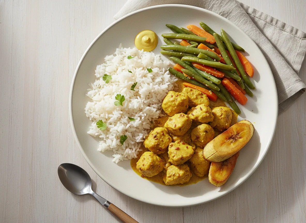Plato combinado de pollo al curry con arroz y verduras photo