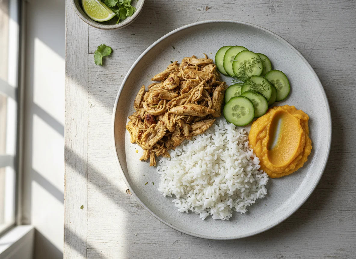 Plato combinado de pollo, arroz, calabaza y pepino photo