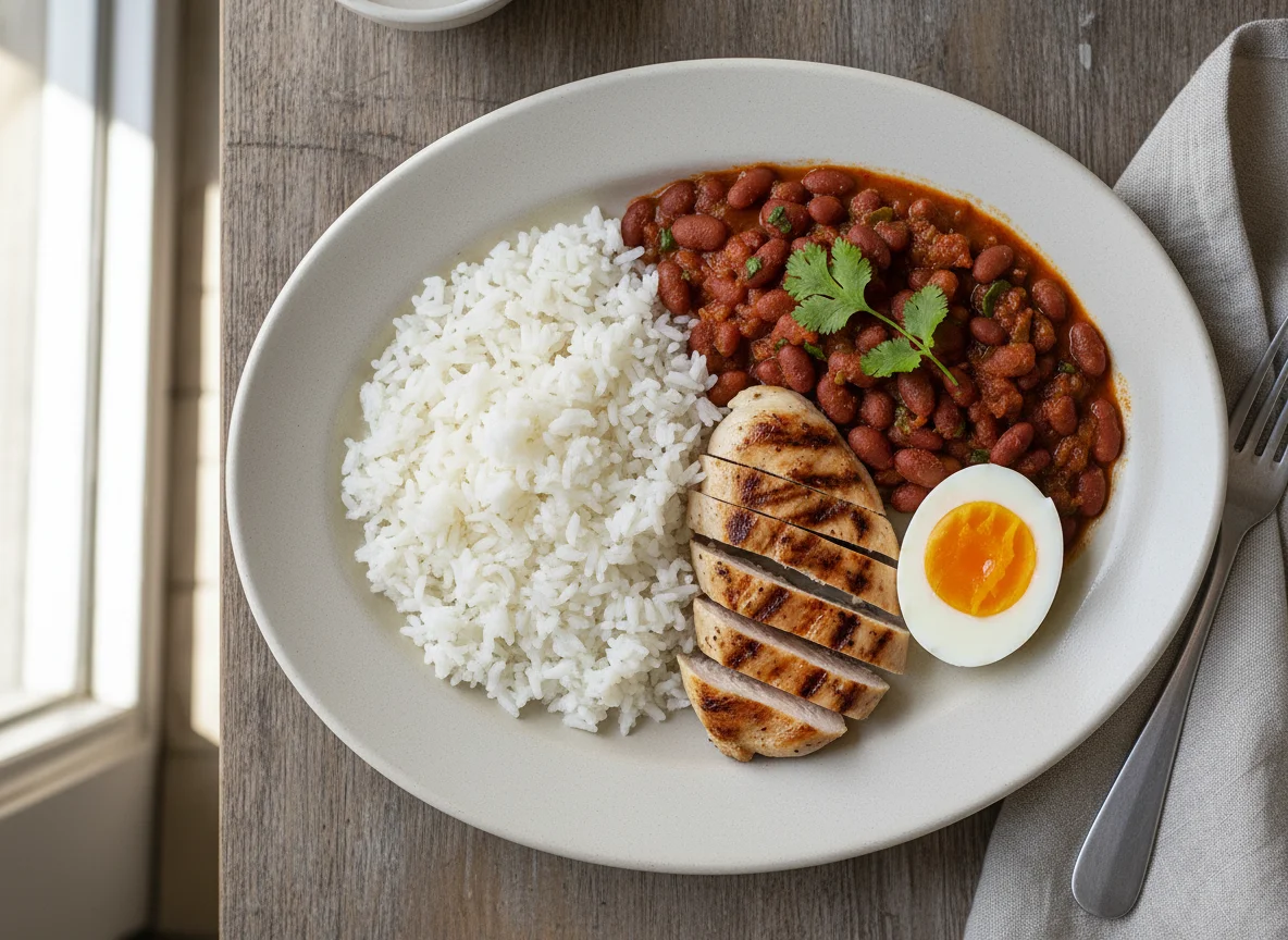 Plato combinado de pollo, arroz, frijoles y huevo cocido photo