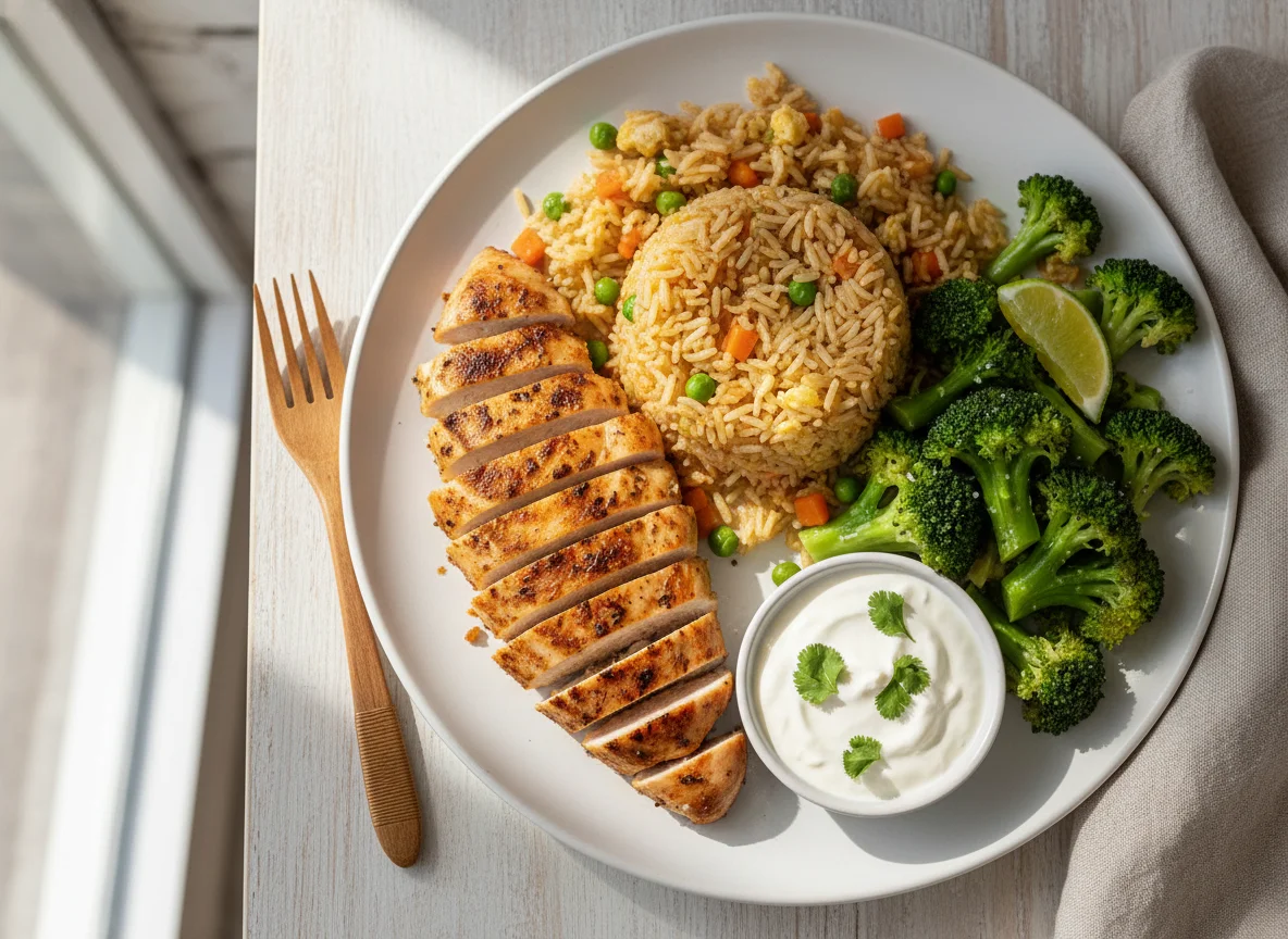 Plato combinado de pollo, arroz frito y brócoli photo