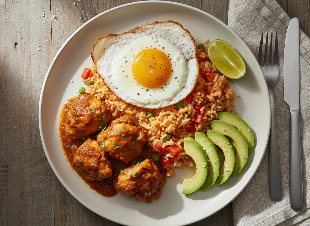 Plato combinado de pollo, arroz, huevo y aguacate photo