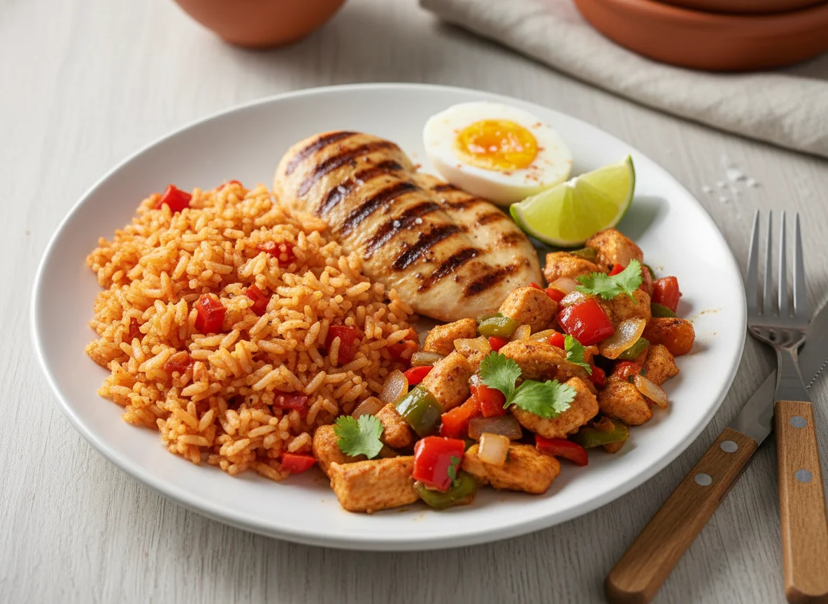 Plato combinado de pollo, arroz y huevo photo