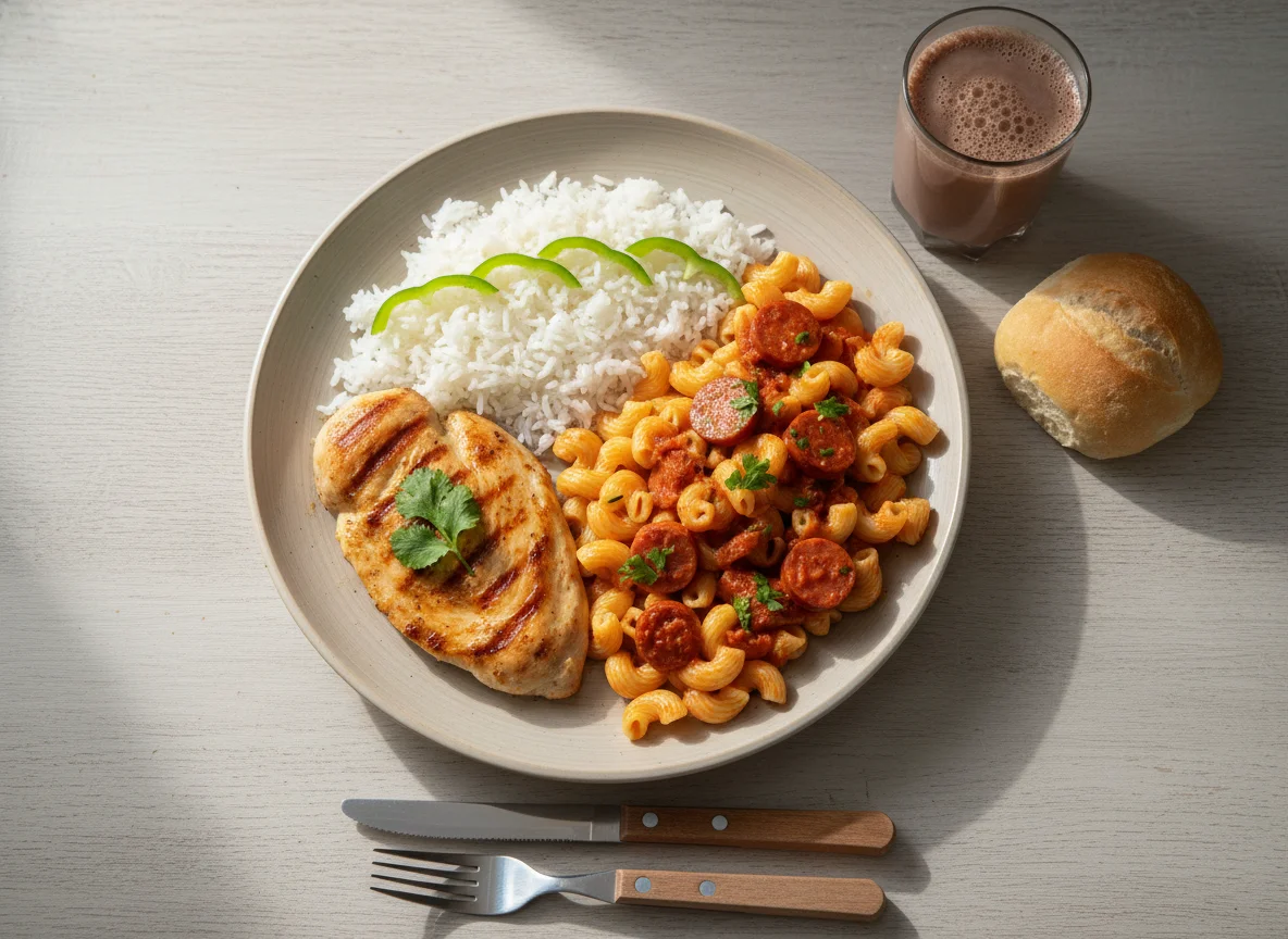Plato combinado de pollo, arroz y pasta con salchicha photo