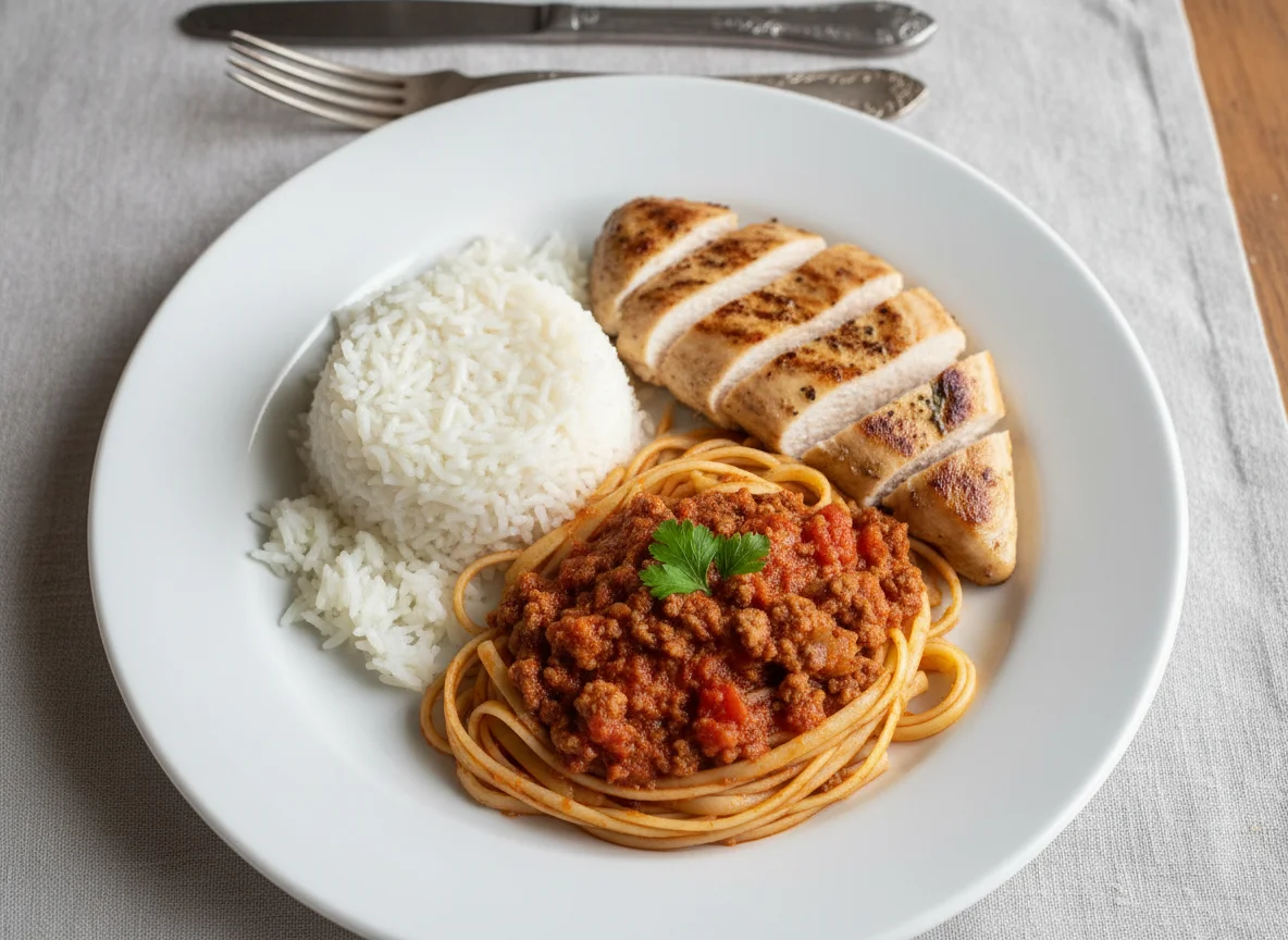 Plato combinado de pollo, arroz y pasta con salsa photo